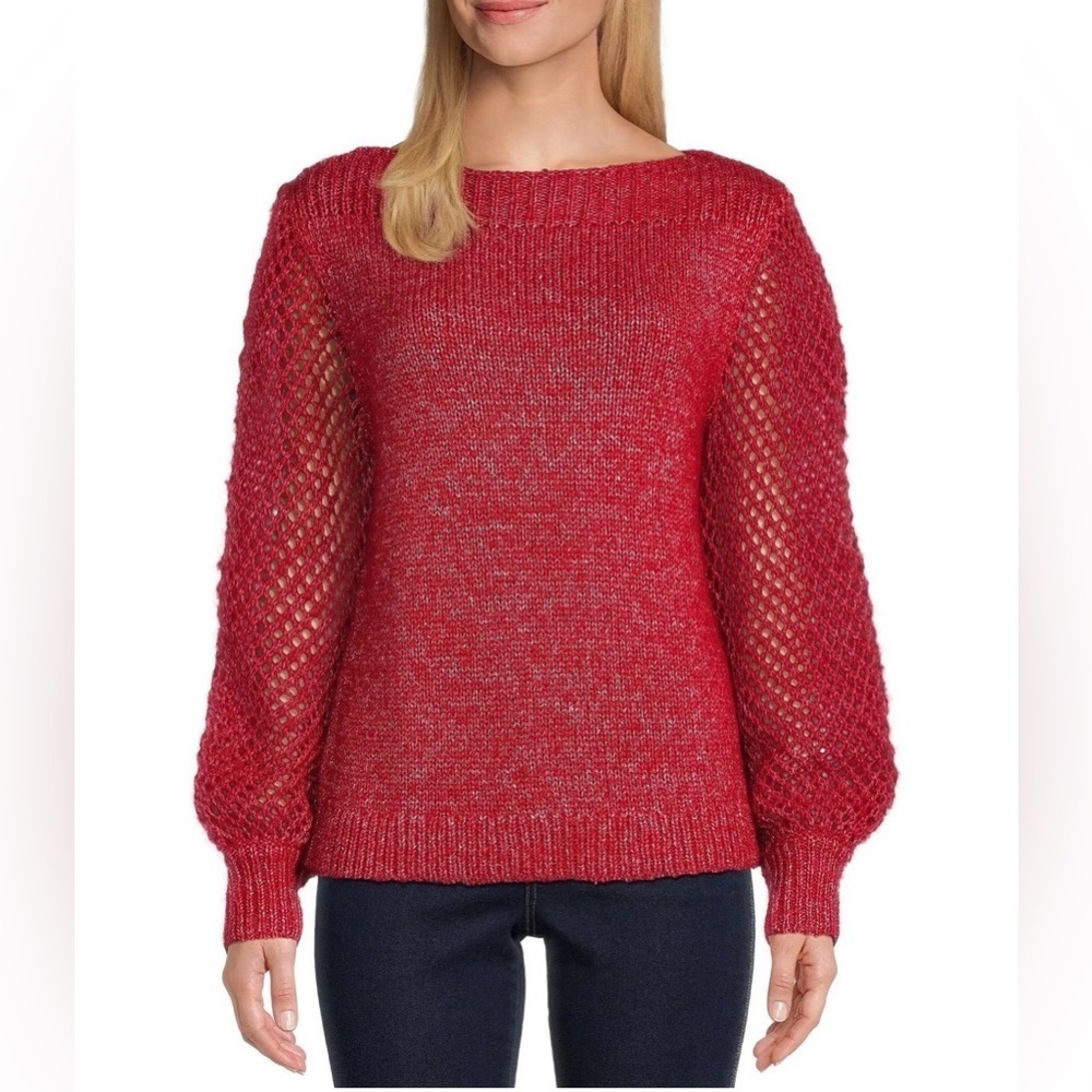 🆕 Tommy Bahama Balloon Sleeve Metallic Wide Neck Wool Knit Sweater, Red, Size XL